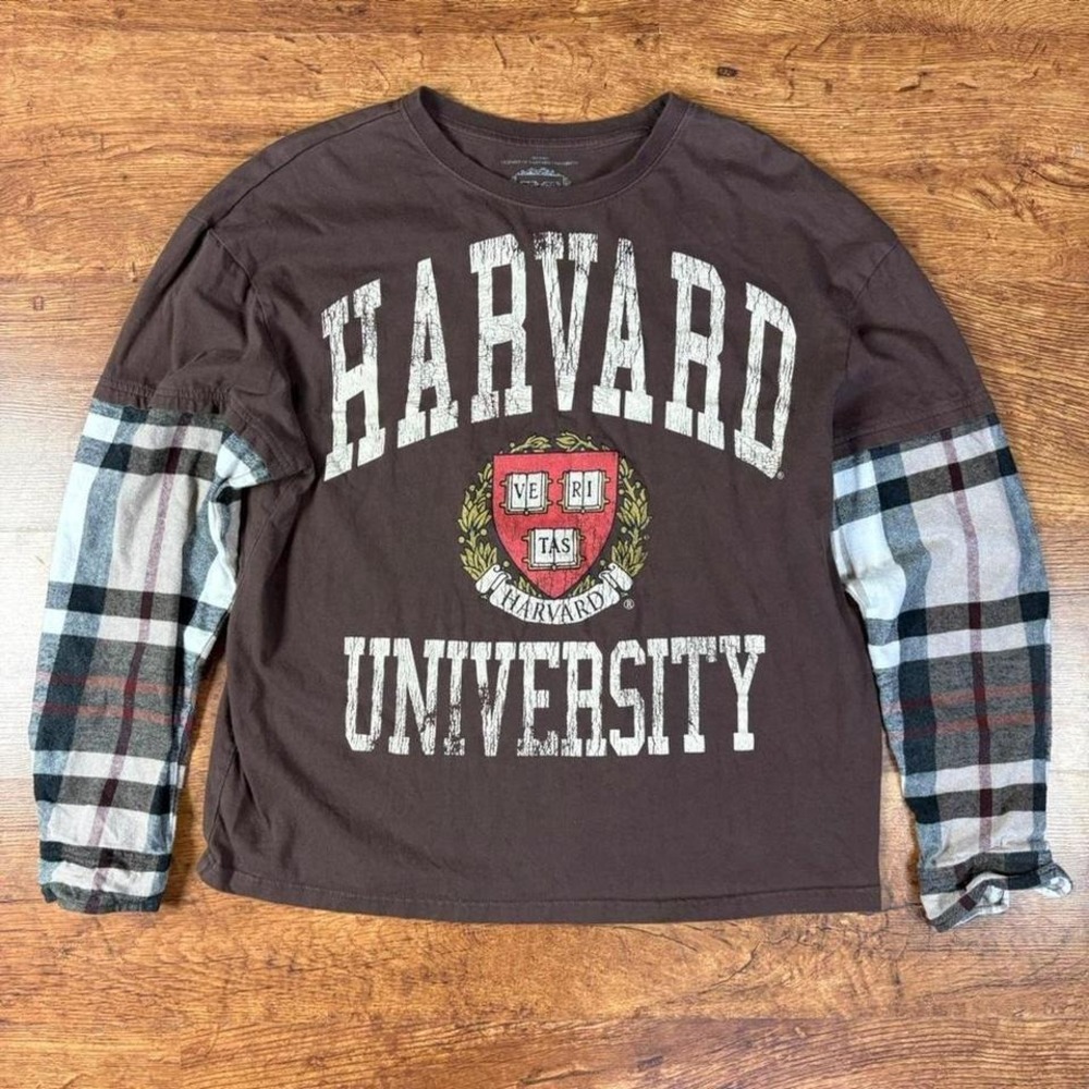 Harvard University brown long sleeve shirt with plaid sleeves